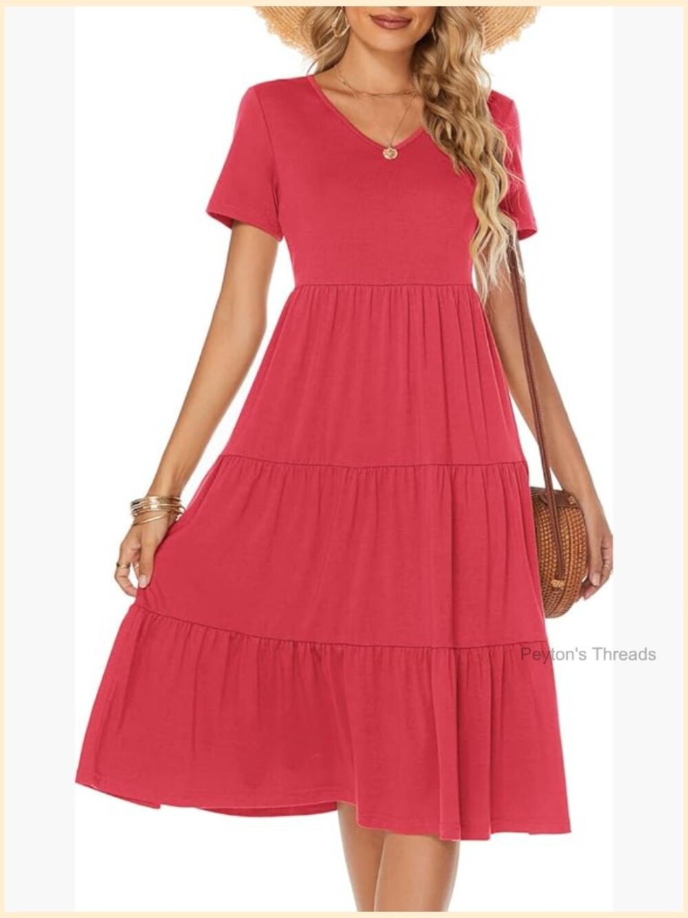 Short Sleeve V-Neck Tiered Midi Dress Cotton Ruffle Babydoll Boho